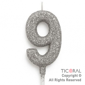 VELA NUMERAL CHICO 5.5 CM CON GIBRE PLATA NUMERO 9 x 1